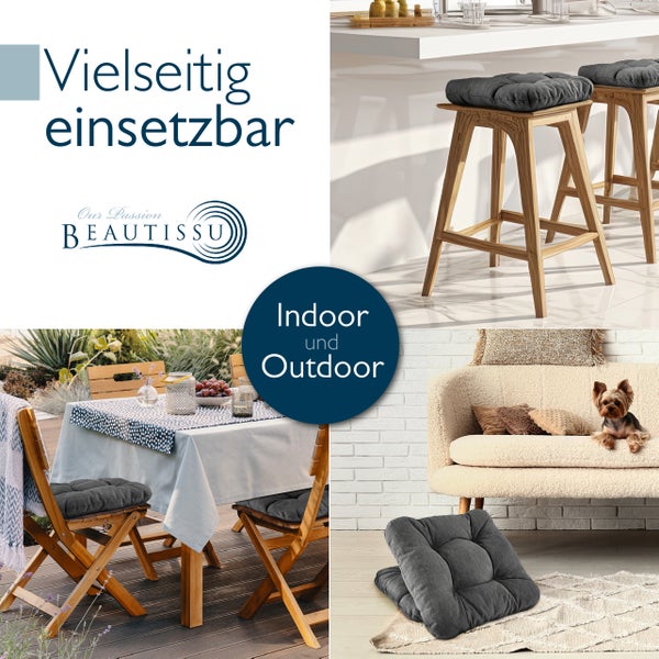 Collage mit Sitzkissen für Barhocker, Stühle und Böden für den Innen- und Außenbereich von Beautissu