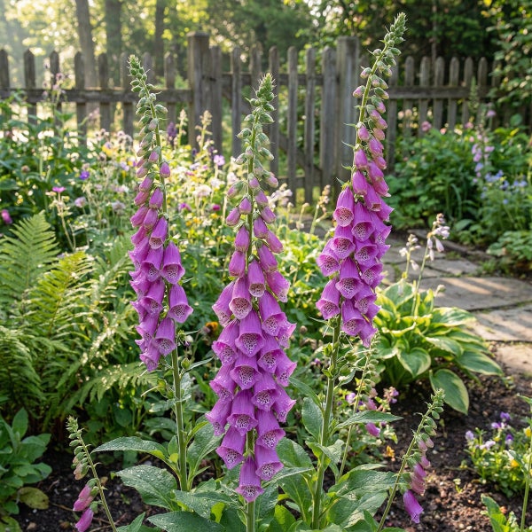 Drei blühende Fingerhüte in einem hellen Gartenbeet vor einem Holzzaun.