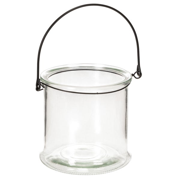 Zylindrisches Windlicht aus Glas mit schwarzem Metallbügel zum Aufhängen.