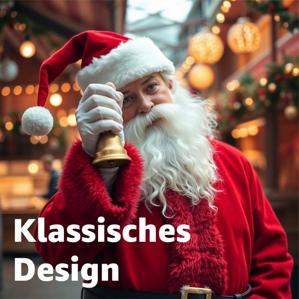 Weihnachtsmann mit Glocke vor festlichem Hintergrund