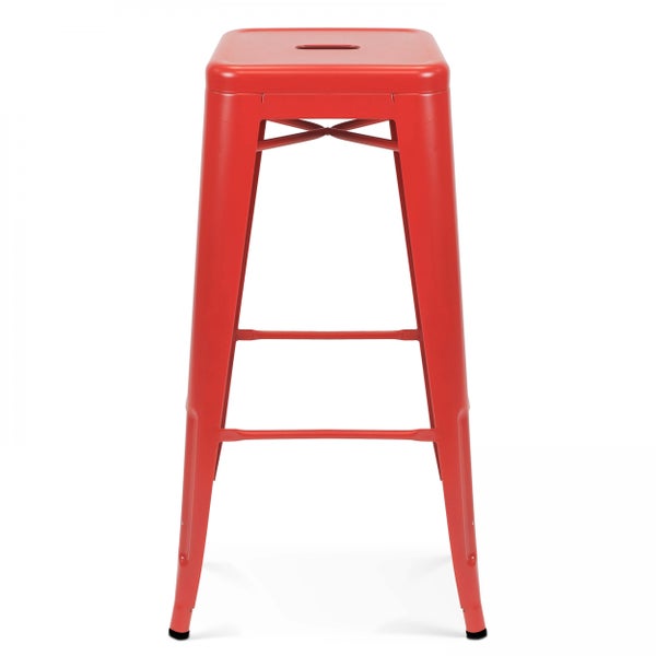 Roter Barhocker aus Metall im industriellen Stil mit Fußstütze und quadratischer Sitzfläche.