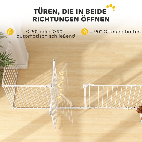 Weißes Metall-Schutzgitter mit beidseitig öffnender Tür, automatischem Schließen unter 90 Grad und Feststellfunktion bei 90 Grad.