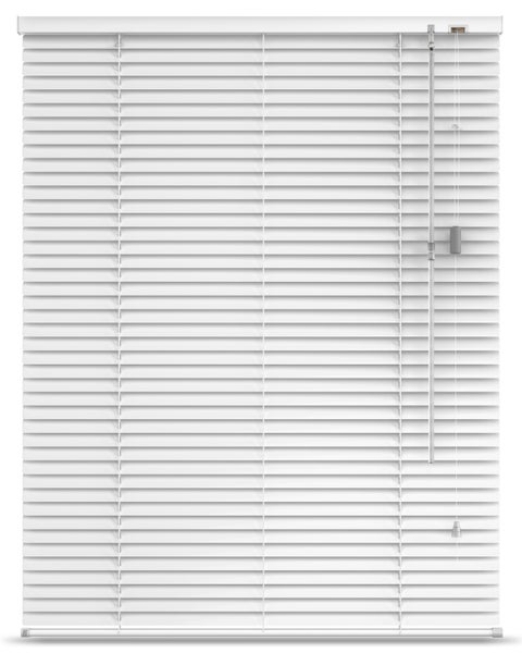 Weiße Aluminium-Jalousie mit horizontalen Lamellen, Wendestab und Zugschnur für Fenster.
