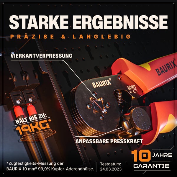BAURIX® Crimpzange mit 2000 Aderendhülsen Set, Ergonomische Aderendhülsenzange mit Kraftregler für 0,25-10mm², isolierte und unisolierte Aderendhülsen, Crimpwerkzeug - Modell: PERSEUS (4-Kant)
