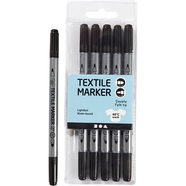 Creativ Company Textil-Marker, Schwarz, Strichstärke 2,3+3,6 mm, 6 Stk, Kreativ Box