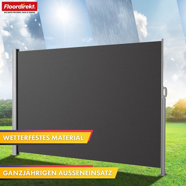 Graue Seitenmarkise aus wetterfestem Material für den ganzjährigen Ausseneinsatz