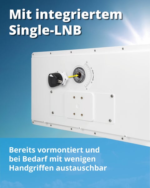 Flachantenne mit integriertem Single LNB zur Satellitenempfang Anlage mit vormontiertem und austauschbarem Empfangsteil