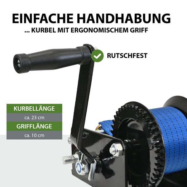 Handseilwinde mit rutschfestem Griff und einer Kurbellänge von circa 23 cm und einer Grifflänge von circa 10 cm