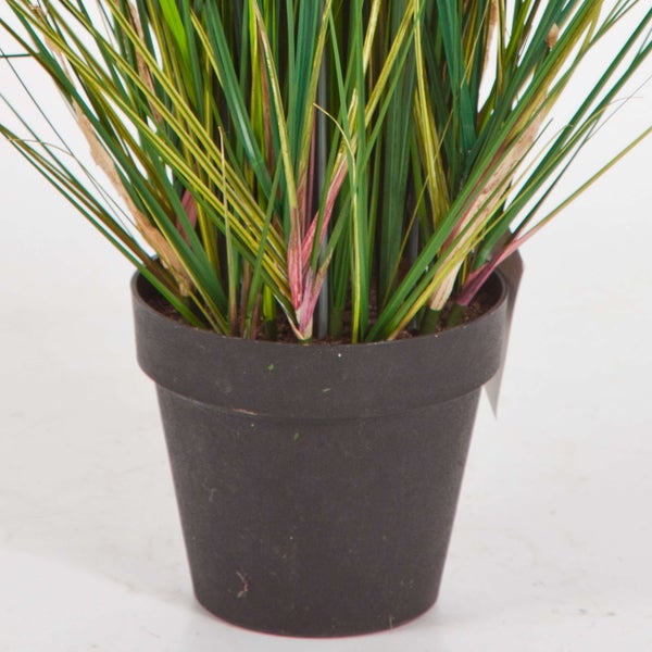 Künstliche Hängepflanze mit blauen Blüten und grünen Blättern an dünnen Stielen.