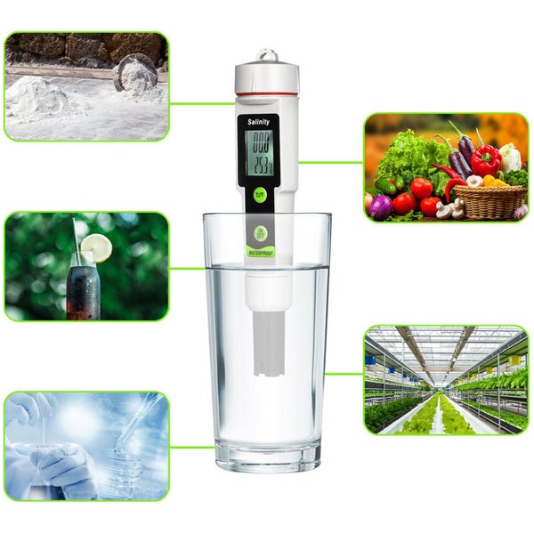 Salzgehaltmessgerät in einem Glas Wasser mit Anwendungsbeispielen