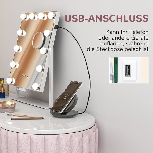 HOMCOM Hollywood Spiegel mit Beleuchtung, Schminkspiegel mit 12 LED Licht, 3 Lichtfarben, 360° Drehbar Kosmetikspiegel mit USB-Ladeanschluss, 10X Vergrößerung, Handyhalterung und Touchschalter