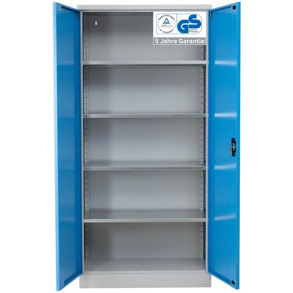 PROREGAL Stahlschrank Bee 4 Fachböden HxBxT 195 x 120 x 60 cm Verzinktes & Verstärktes Fachbodenmaterial Grau & Hellblau