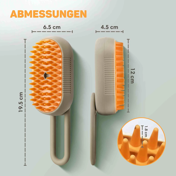 Maßzeichnung einer Tierhaarbürste mit Silikonborsten für die Fellpflege mit Angaben zu Länge Breite und Borstenhöhe.