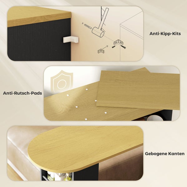 Detailansicht von Möbelmerkmalen mit Kippschutz-Set, Anti-Rutsch-Pads und abgerundeten Kanten an Holzoberflächen.