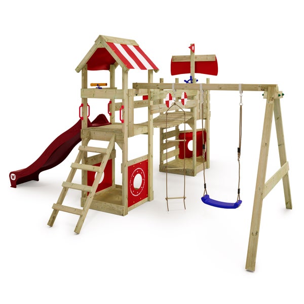 WICKEY Spielturm Klettergerüst StormFlyer mit Schaukel und Rutsche, Baumhaus mit Sandkasten, Kletterleiter und Spiel-Zubehör - rot