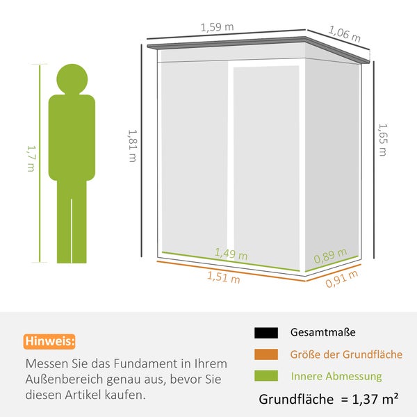 Maßzeichnung eines Gartenhauses mit Außenmaßen von 1,59 mal 1,06 Meter, einer Grundfläche von 1,37 Quadratmeter und einer Figur zum Größenvergleich.
