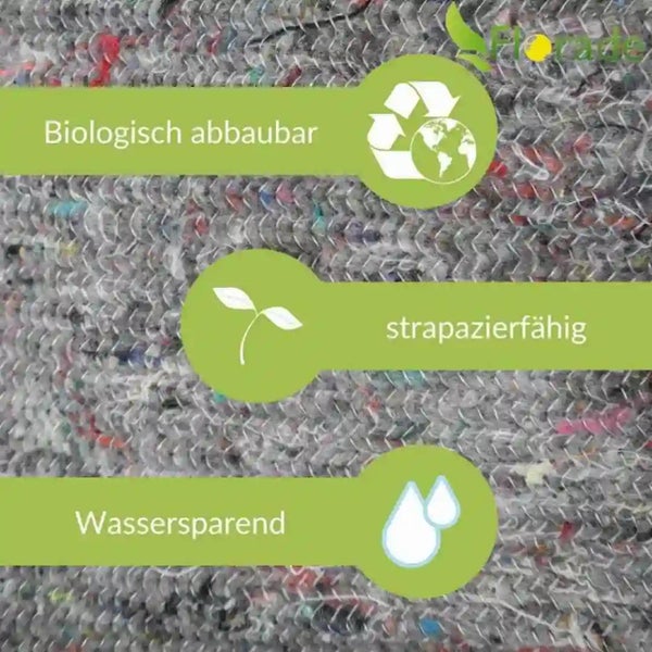 Florade Kokosfaser Mulchmatte mit Hinweisen zu biologischer Abbaubarkeit, Strapazierfähigkeit und Wassereinsparung.