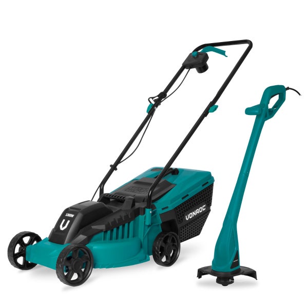 VONROC Rasenmäher Elektro mit Kabel | 1300W - 32cm Schnittbreite - einstellbare Schnitthöhe 30-70MM | Elektrischer Sichelmäher für kleine bis mittelgroße Flächen -Inlusive Trimmer Set