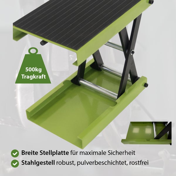 Motorradheber mit 500 Kilogramm Tragkraft und robuster, pulverbeschichteter Stahlkonstruktion mit breiter Stellplatte.
