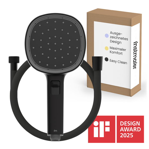 Handbrause mit Schlauch in quadratischer Form mit iF Design Award 2025 Siegel und Produktverpackung