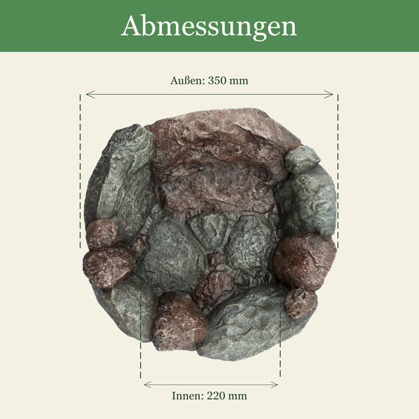 Abmessungen der Gartendekoration in Steinoptik: Außenmaß 350 Millimeter und Innenmaß 220 Millimeter.