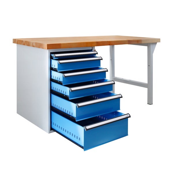 PROREGAL Werkbank Rhino Plus mit 6 Schubladen HxBxT 84 x 150 x 70 cm Traglast 500 kg Lichtgrau Blau