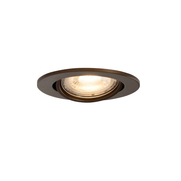 Runder LED-Einbaustrahler aus Metall in Bronze-Optik mit warmweißem Licht.