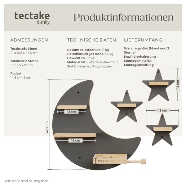 Wandregal Set Tectake in Form von Mond und Sternen mit technischen Daten und Abmessungen zur Produktinformation