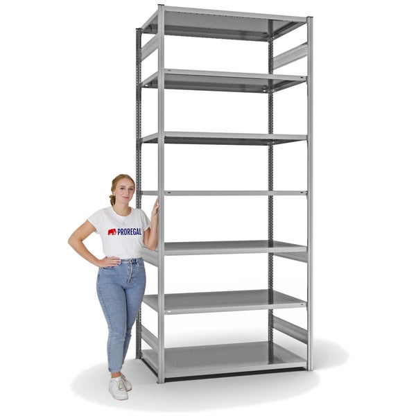 PROREGAL Fachbodenregal Stecksystem T-Profil Medium-Duty Grundregal HxBxT 300 x 130 x 80 cm 7 Ebenen Fachlast 240 kg Beidseitig Nutzbar Verzinkt