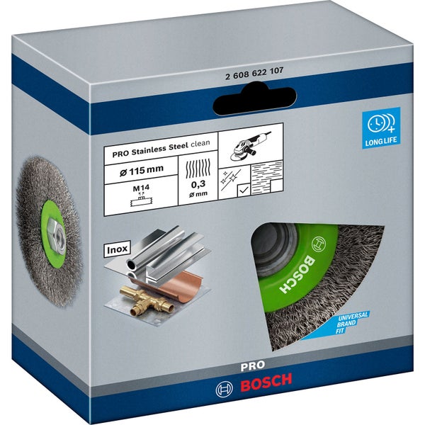 Verpackung einer Bosch Drahtbürste zur Edelstahlreinigung mit 115 Millimeter Durchmesser