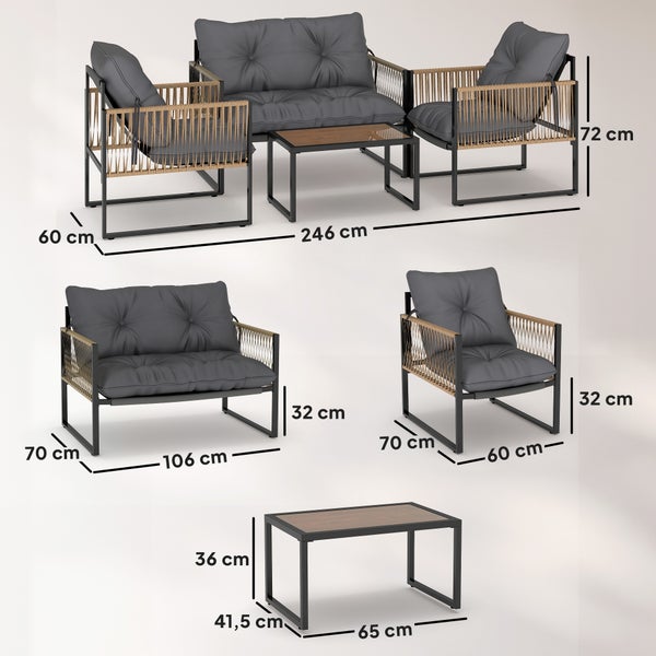 Gartenmöbel-Set Lounge mit Sofa, Sesseln und Tisch aus Metall mit Seilgeflecht und Kissen inklusive Maßangaben in Zentimeter.