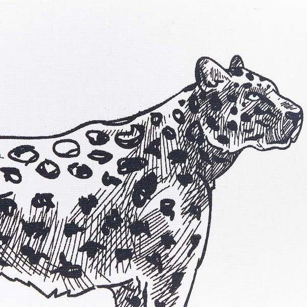 Stilisierte Zeichnung eines Leoparden als dekoratives Motiv auf Textil.