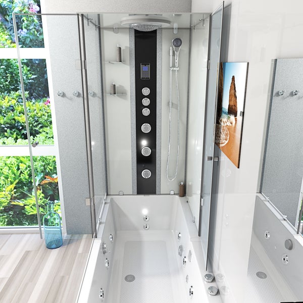 Innenansicht einer weißen Whirlpool-Badewanne mit Massagedüsen, Glaswänden und einer Duschsäule mit Handbrause.