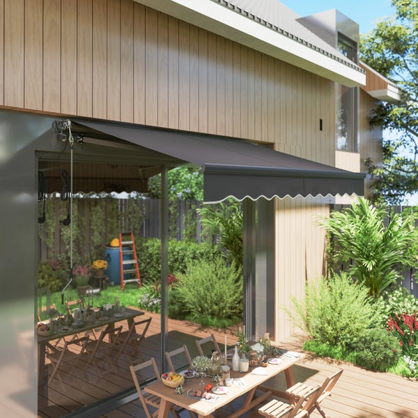 Outsunny Klemmmarkise mit Handkurbel elektrisch höhenverstellbar Gelenkarmmarkise Markise Sonnenschutz UV 30+ Balkonmarkise inkl. Wandhalterung Sonnenmarkise 300cm breit für Terrasse Balkon Dunkelgrau