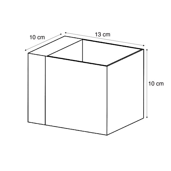 Maßzeichnung einer rechteckigen Box mit den Maßen 13 Zentimeter Länge, 10 Zentimeter Breite und 10 Zentimeter Höhe.