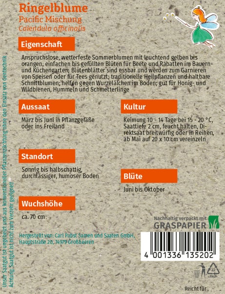 Rückseite einer Samentüte für Ringelblumen Pacific Mischung aus Graspapier mit Informationen zu Aussaat, Standort, Wuchshöhe, Kultur und Blütezeit.