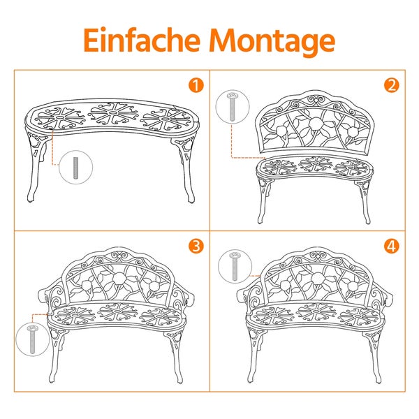 Illustrierte Anleitung für die einfache Montage einer Gartenbank aus Metall mit floralem Design in vier Schritten.