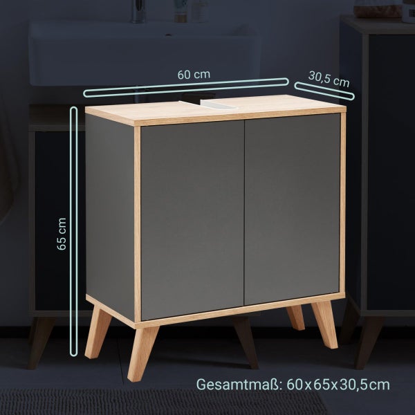 FACKELMANN FINN Badmöbel Set 3 Teile / Waschbecken / Waschbeckenunterschrank / 4 Holzfüße / Badschrank mit Push-to-Open / Korpus & Front: Schwarz / Rahmendekor & Füße: Braun hell / Breite: 60 cm