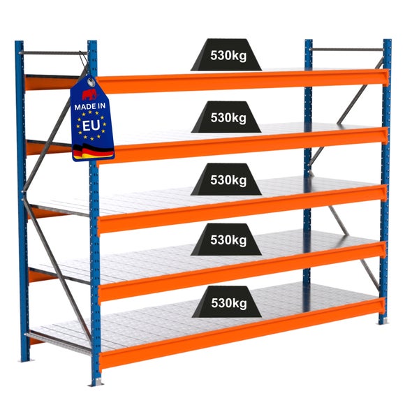 Metallregal mit fünf Ebenen und einer Traglast von 530 Kilogramm pro Ebene, Hergestellt in der Europäischen Union