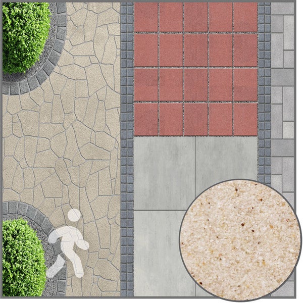 Draufsicht auf verschiedene Pflastersteine, Terrassenplatten und Fugensand zur Gartengestaltung mit Symbol für begehbare Flächen.