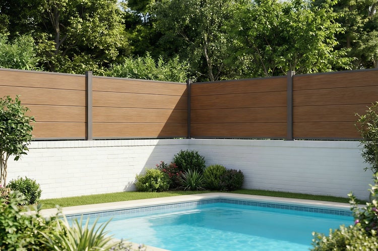 Moderner Garten mit Pool und einem WPC Zaun in Holzoptik auf einer weißen Backsteinmauer. Die Zaunelemente sind mit anthrazitfarbenen Pfosten befestigt.