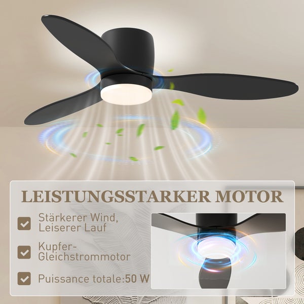 HOMCOM Deckenventilator mit Beleuchtung und Fernbedienung 115 cm LED Lampe mit Ventilator, Umkehrbarer DC Motor, 3 Flügeln, 3 Lichtfarben, 6 Geschwindigkeiten, Timer Deckenventilator für Schlafzimmer
