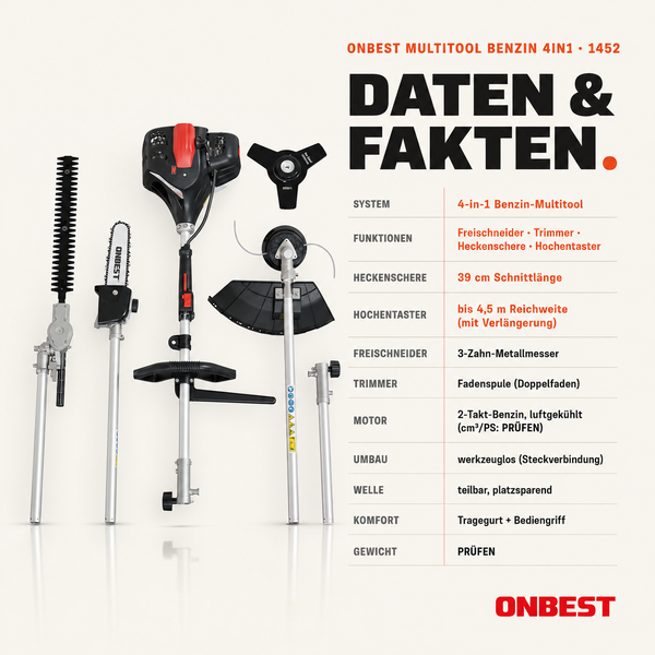 Onbest Benzin-Multitool 4 in 1 mit Aufsätzen für Heckenschere, Hochentaster, Freischneider und Trimmer sowie Tabelle technischer Daten.