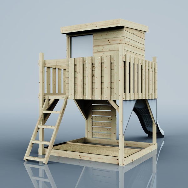 Spielturm aus Holz mit Leiter, Rutsche, Spielhaus und Sandkasten für den Garten.