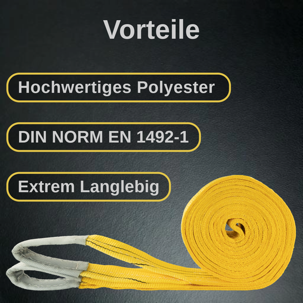 Hebeband aus hochwertigem Polyester nach DIN Norm EN 1492-1, extrem langlebig.