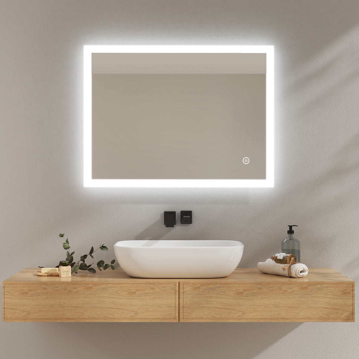 EMKE Badspiegel mit Beleuchtung, 80x60cm, Kaltweißes Licht, Beschlagfrei