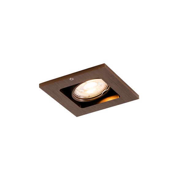 Quadratischer Einbaustrahler aus Metall in Bronze-Optik mit schwenkbarem LED-Leuchtmittel.