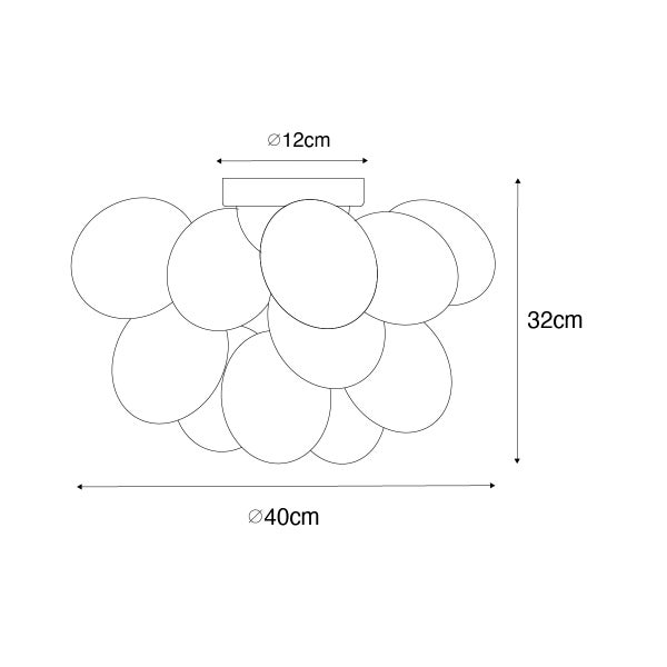 Skizze einer Deckenleuchte mit einem Durchmesser von 40 cm, einer Höhe von 32 cm und einer Deckenbefestigung mit einem Durchmesser von 12 cm.
