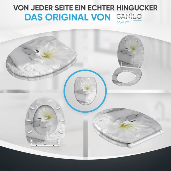 Sanilo Toilettensitz mit weißem Lilien-Motiv, Handtuch und Steinen, in verschiedenen Ansichten offen und geschlossen dargestellt. Sanilo Logo.