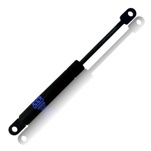 Schwarze Gasdruckfeder 400 Newton aus Metall mit zwei Befestigungsaugen und Rhedexx Logo.